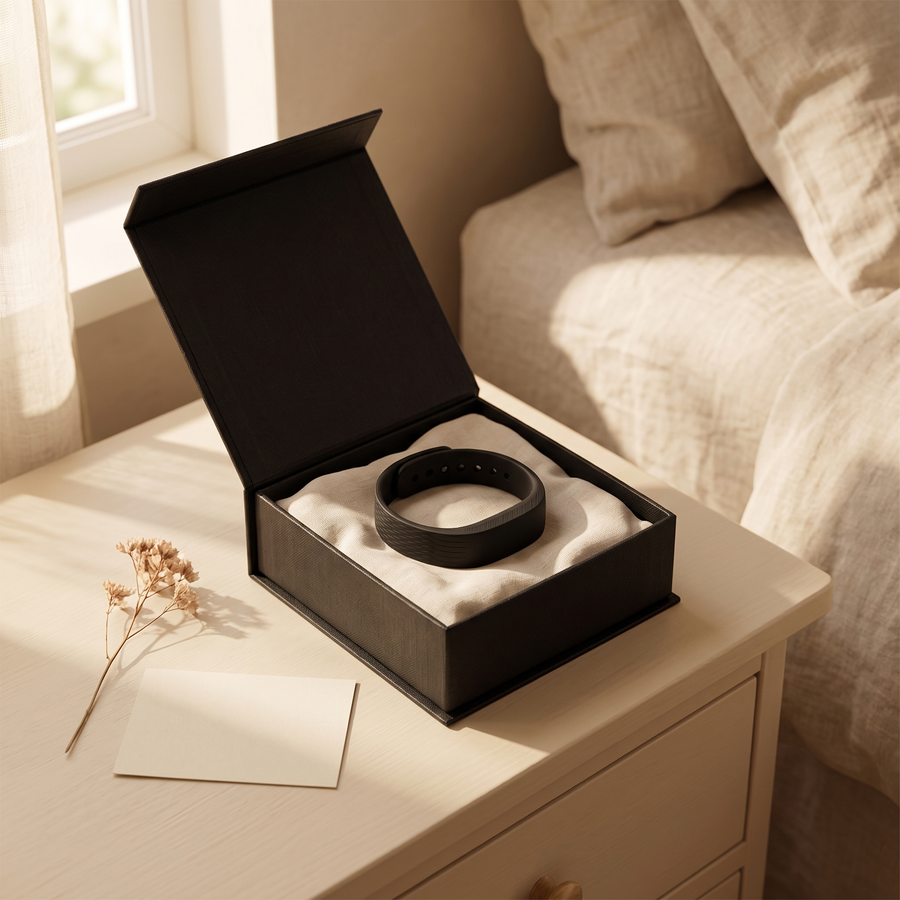 RestMate band in an open gift box on a nightstand